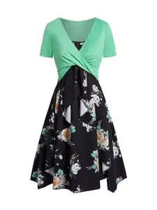 Rosegalette 2pcs Crossover Crop Top & Flower Print Layered Spaghetti Strap Casual Mini Dress Two Piece Outfit for Summer Chic Womenswear