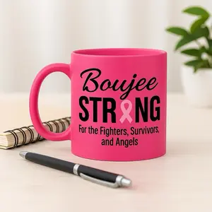 Boujee & Strong Breast Cancer Awareness 11oz Pink Matte Mug with Handle Reusable Coffee Tumbler for Fighters Survivors and Angels