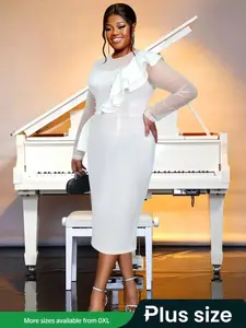 【Plus Size】Faux Pearl Decor Ruffle Hem Mesh Dress, Elegant Chic Asymmetrical Zipper Back Long Sleeve Dress for Party Wedding Guest, Women's Clothes for All Seasons, Womenswear