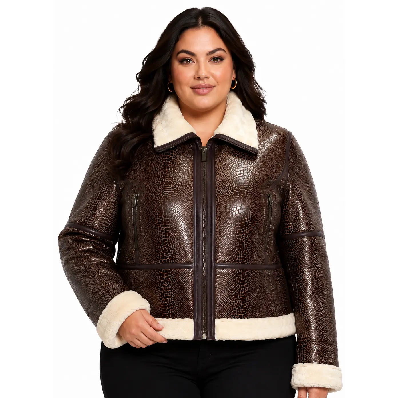 REED Women's Snake Print Real Leather Long Sleeve Jacket - Shearling Style, Unique Design Imported Women's Coat & Top Stylish Apparel