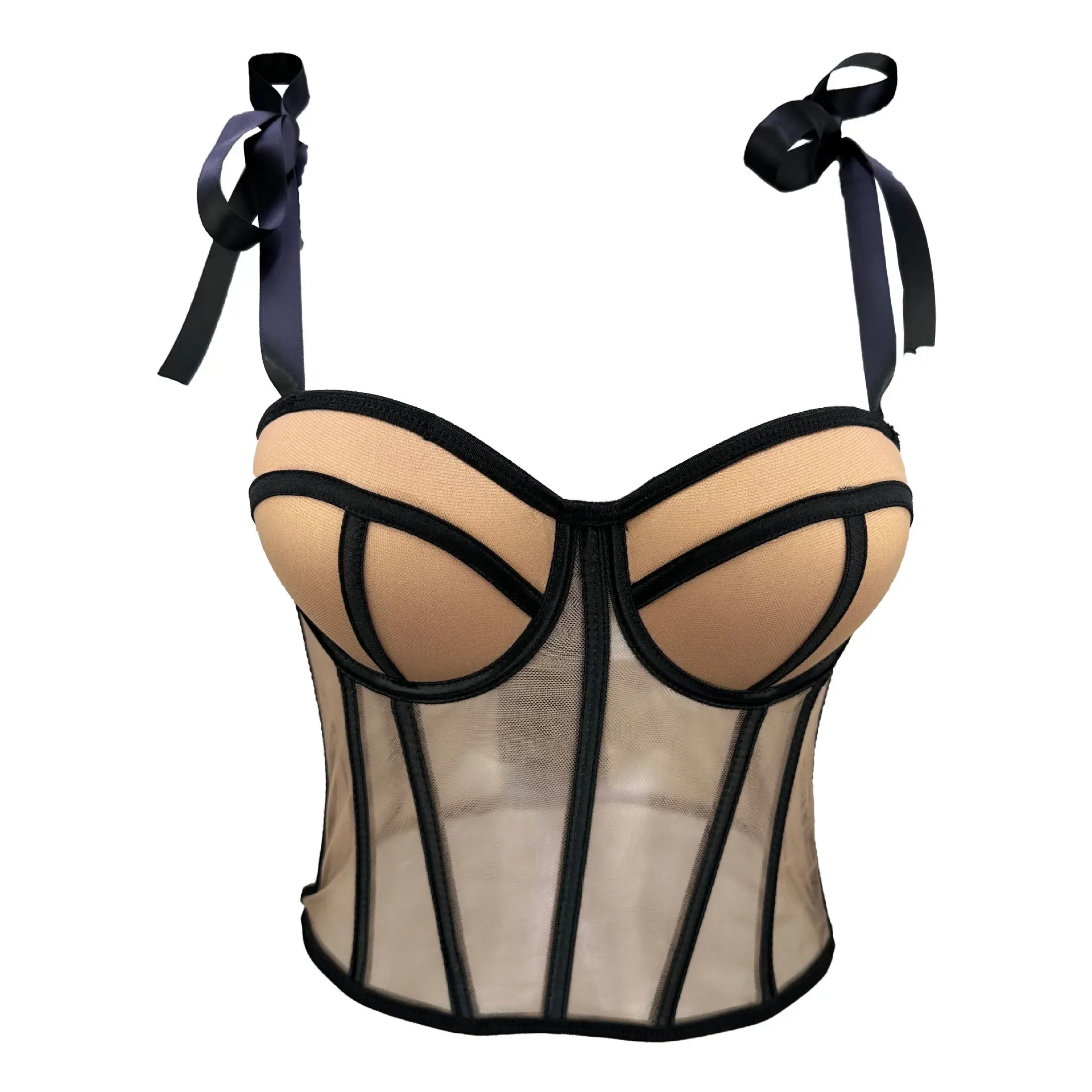 Women's Fishbone Mesh V-Neck Corset Tank Top - Sleeveless Crop Tube Vest with Bra, Foldable Shapewear Waist Cincher for Wedding Party, Blind Date Lady Apparel, Fishbone Mesh Corset