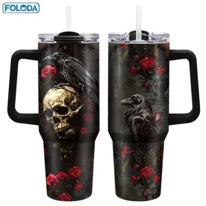 Cool Skull Raven Tumbler Stainless Steel with Lid 40oz With Lid Handle Straw, Gothic Skull Coffee Mug, Skull Raven Travel Cup, Birthday Gifts for Skeleton Lovers, Horror Lovers Christmas Gifts for Halloween Gift Outdoor Travel Cup