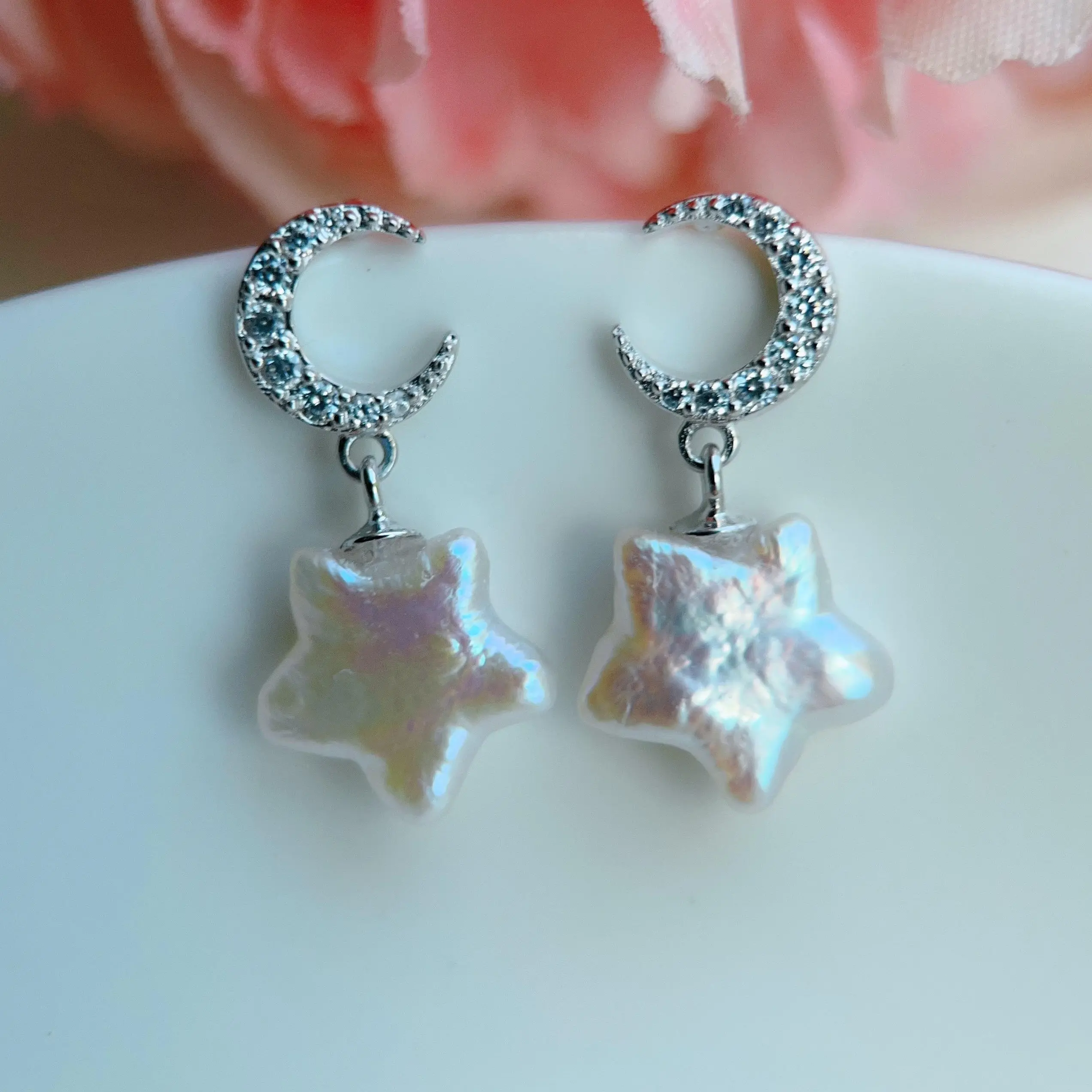 Piswency Moon and Star Earrings, Genuine Freshwater Star Pearls Dangle Earrings, 925 Sterling Silver Drop Earrings, Gift for Her