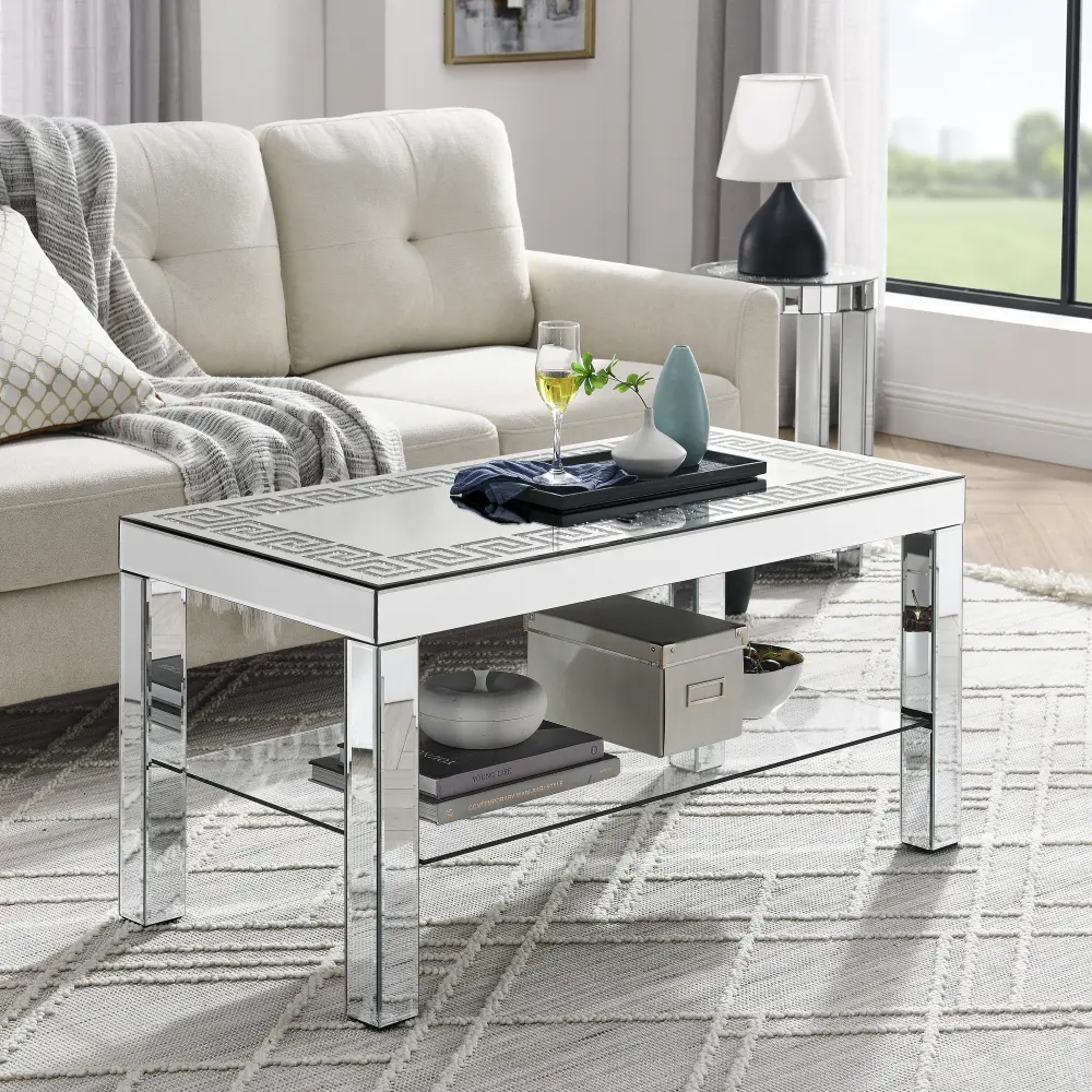 Curved Border Carved Mirror Table (40in W x 20in D x 20in H) - Brightly Reflective Silver HD Mirror Glass Tabletop, Drop-Tested Crushed Diamonds Framing, Crystal Legs, Modern Chic Small Indoor Furniture for Living Room Interior Space Luxurious Home Decor