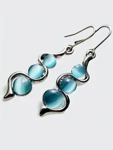 Boho Elegant Artificial Gemstone Decor Dangle Earrings As Gift, Turquoise Boho Style Jewelry, Unique Curved Shape Drop Earrings Inlaid with Cat's Eye Stone, Fashion Matching Jewelry Accessories for Women, Statement Earrings, Gifts for Wife