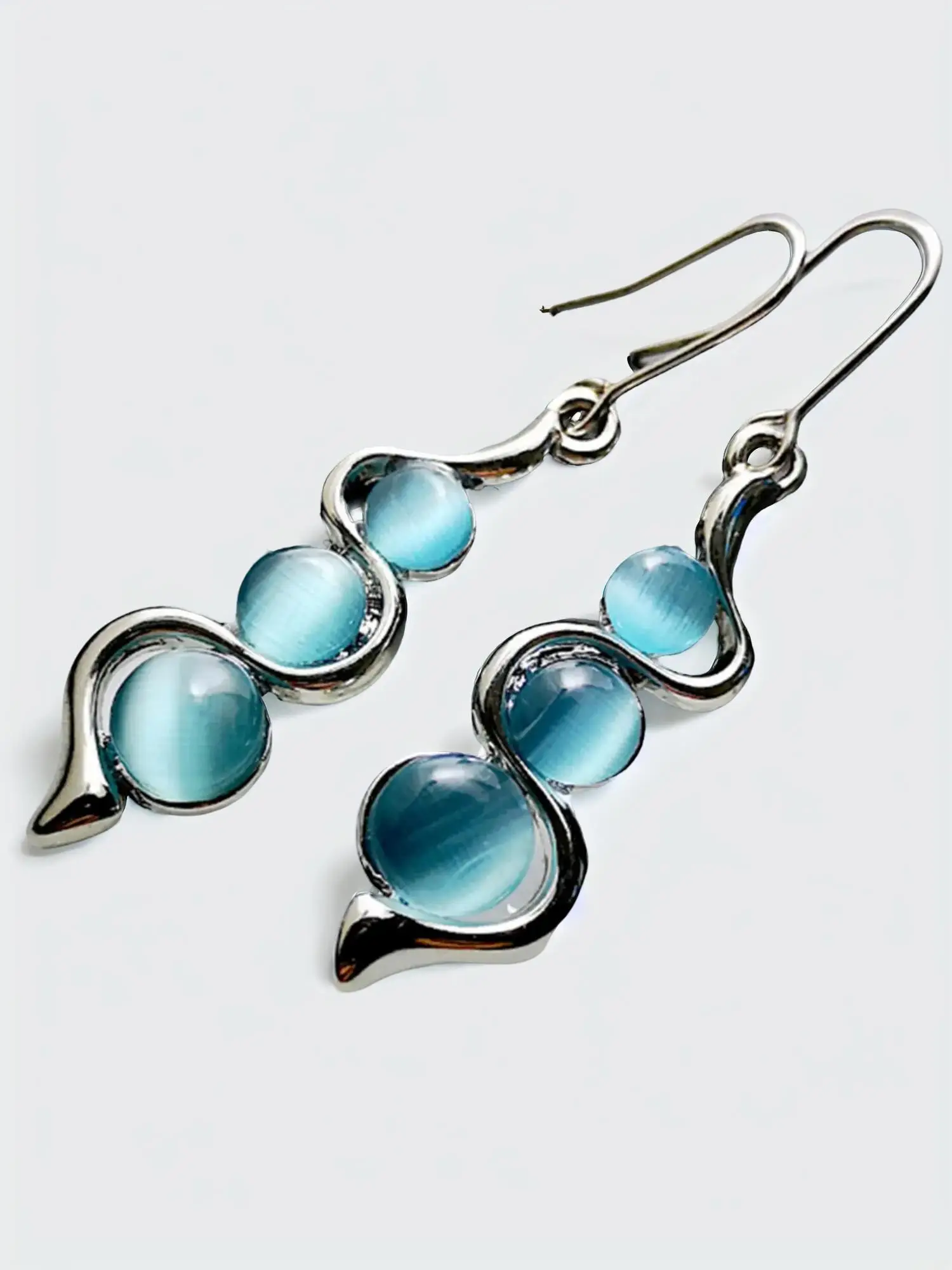 Boho Elegant Artificial Gemstone Decor Dangle Earrings As Gift, Turquoise Boho Style Jewelry, Unique Curved Shape Drop Earrings Inlaid with Cat's Eye