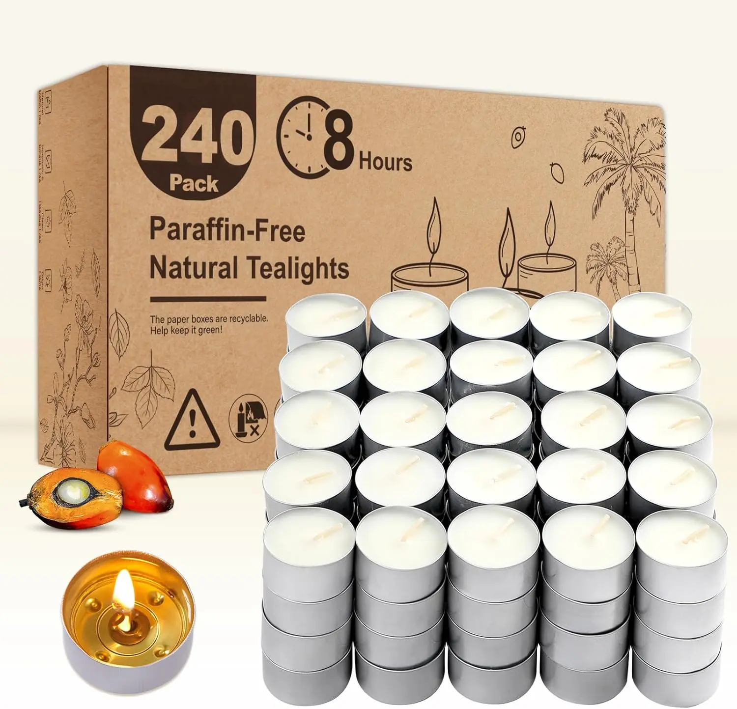 Unscented  Lights Candles 240 Pack, 8 Hours Long ,White  Candles Bulk, Bright  with Palm Wax, Tealight Candles for Wedding,Centerpiece,Christmas Lights, Decorative