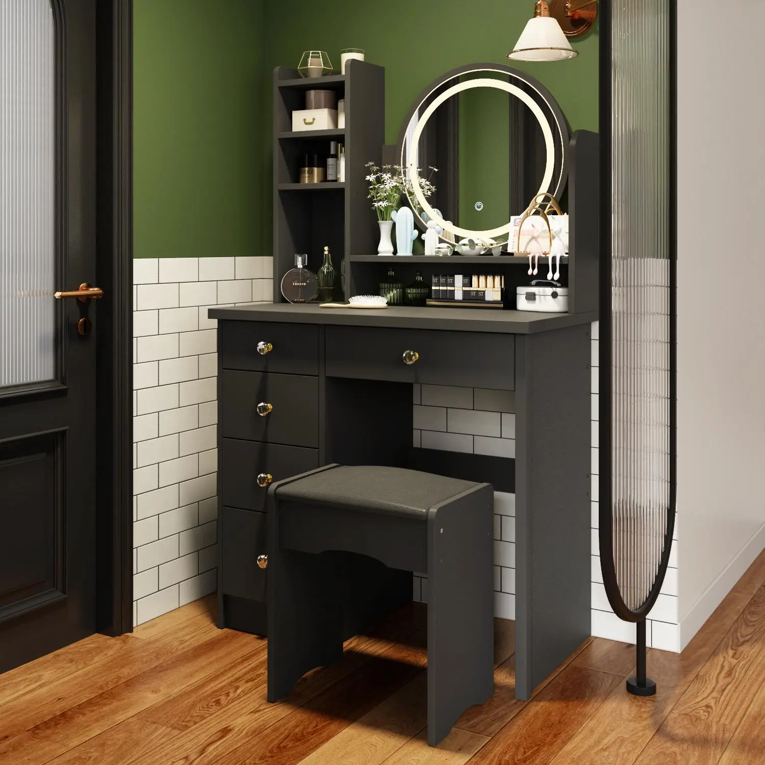 FUFU&GAGA (QC) Black Vanity Desk, Vanity Table Set with LED Mirror, Makeup Vanity Dressing Table with Drawers, Storage Shelves and Cushioned Stool