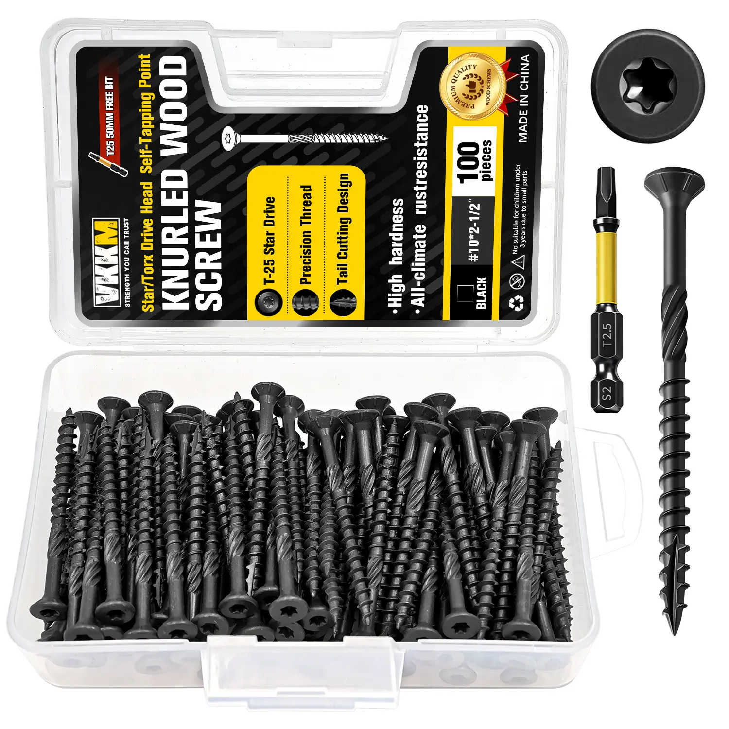VKKM 100 Pieces #10 x 2-1/2 in Black Star Drive Deck Screws, Knurled Self-Tapping Rust-Resistant Anti-Split Wood Fasteners with T25 Bit for Backyard Decks, Fences, Woodworking