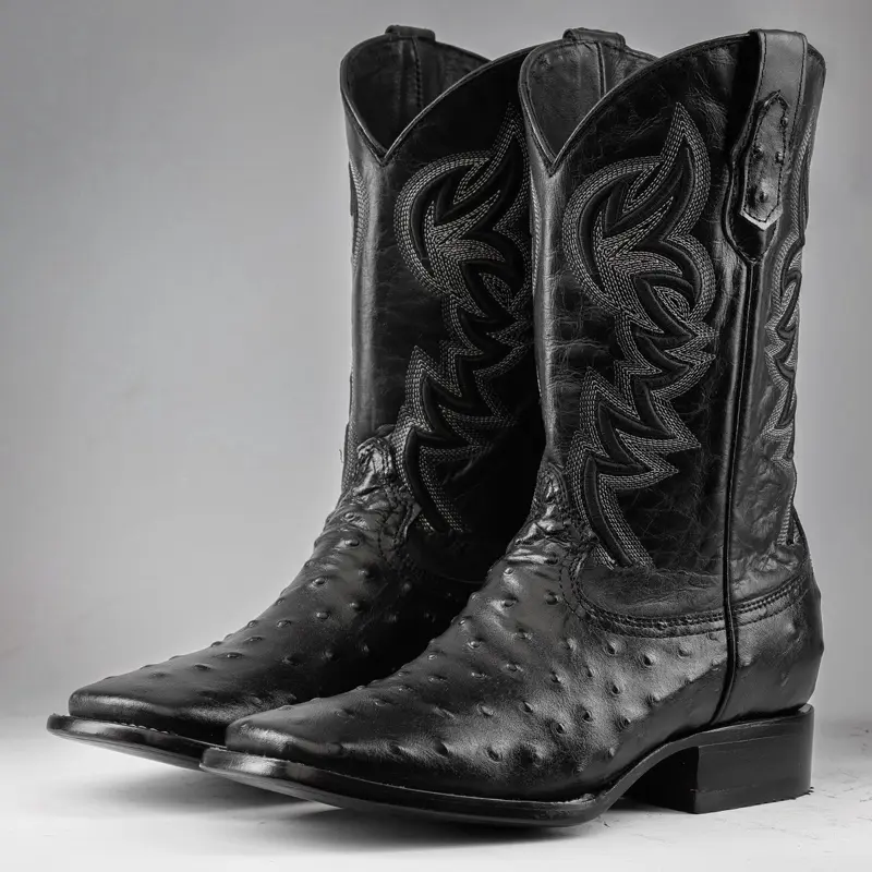 Black Ostrich Print Leather Boots - Square Toe
