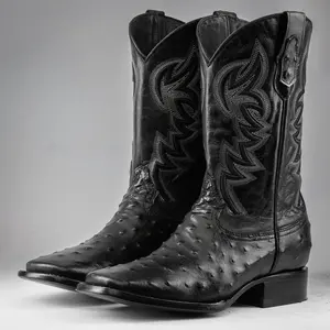 Black Ostrich Print Leather Boots - Square Toe