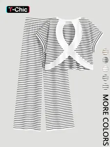 2-Piece Black & White Striped Cross Back Crop Top & Wide Leg Pants Set, Soft Loungewear, Casual Outfit for Home and Daily Wear, Cutout Top & Pants Matching Set, Ideal for Casual Outings and Brunch, Womenswear