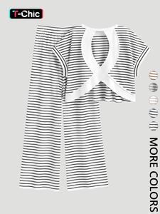 2-Piece Black & White Stripe Cross Back Fitted Crop Top & Wide Leg Pants Set - Soft Loungewear & Casual Outfit for Home and Daily Wear , Striped Cutout Top & Pants Matching Set - Ideal for Lounging, Casual Outings, and Brunch