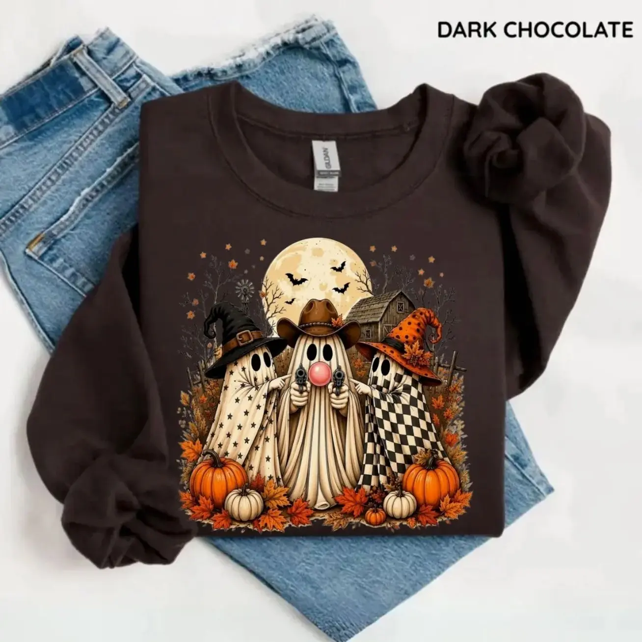 Vintage Ghost Trio Sweatshirt, Bubble Gum Ghost Halloween Crewneck, Cowboy Witch Ghost Sweatshirt, Retro Spooky Farm Fall Crewneck