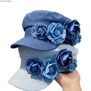 2026 Trendy Women’s Denim Beret Baseball Cap – Vintage Rose Embroidery Octagonal Newsboy Hat, Adjustable Lightweight Street Style Cap for Spring Fall, Perfect for Dates, Parties, Travel & Outdoor Wear