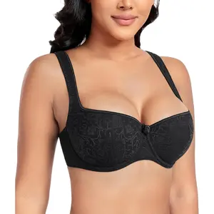 Women's Plus Size Wide Straps Lace Demi Underwire Lightly Padded Balconette Bra