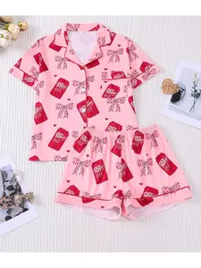 Women's Short Sleeve Sleepwear Set, Pajama Set, Pjs, Soft Fabric, Elegant Design, Comfortable Lapel Top & Wide Leg Shorts, Dr Pepper Print