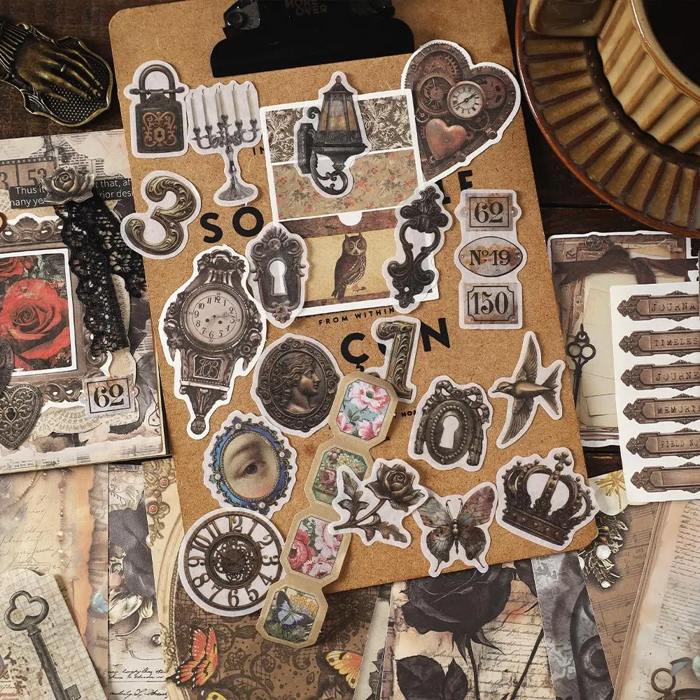 Vintage Steampunk Themed Sticker & Paper Set, 200pcs/set Scrapbooking & Journal Making Material Paper, DIY Decorative Sticker for Stationery & Computer, Stickers for Scrapbooking, Scrapbook Materials, Stickers Kit
