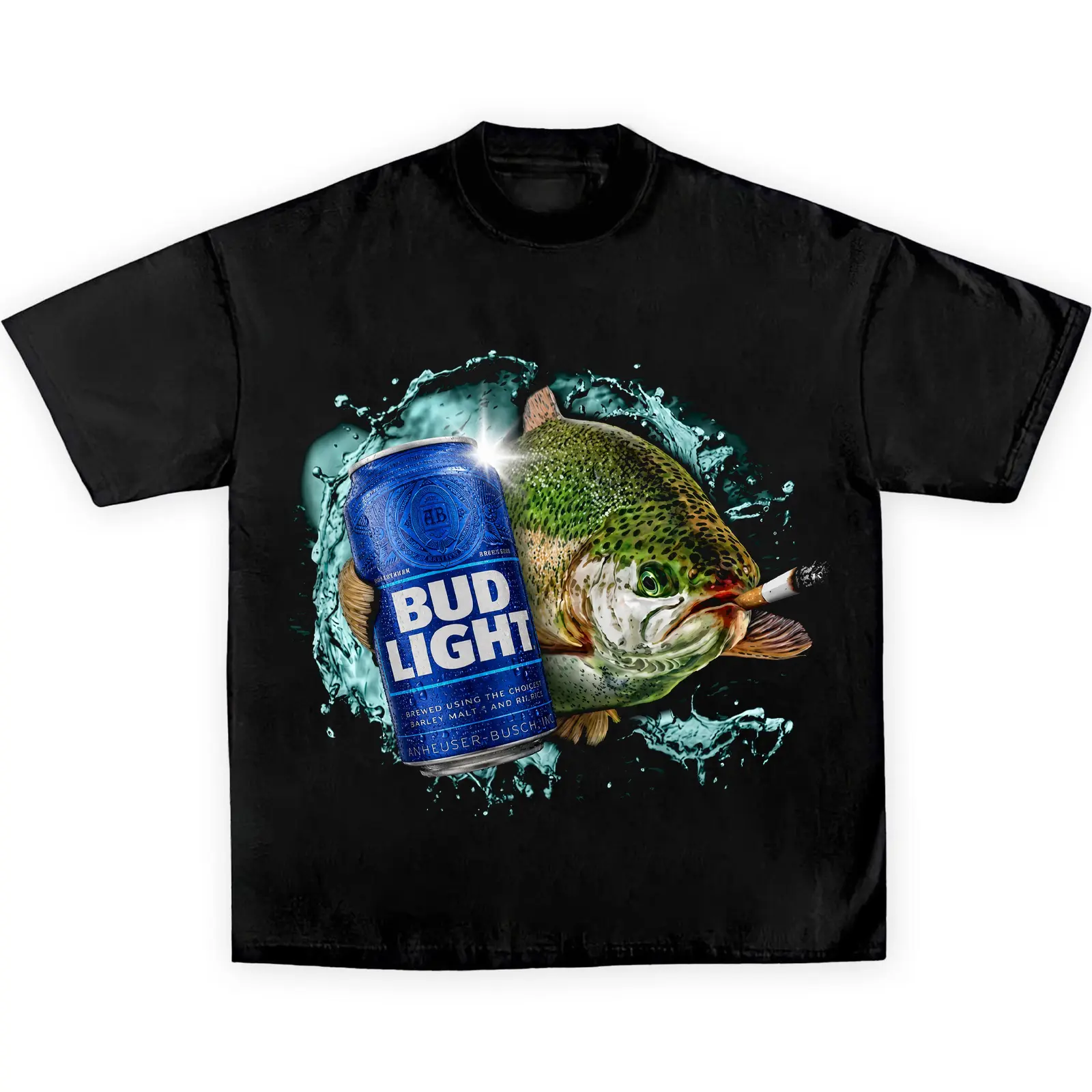 Funny Rainbow Trout Smoking Drinking Shirt Bud Light Beer Can Graphic Tee Vintage American Light Beer Fishing Meme Unisex Gift T-Shirt