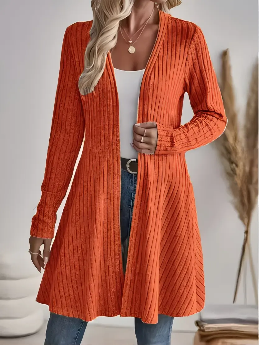 Women Orange Ribbed Knit Long Cardigan Open Front V‑Neck Long Sleeve A‑Line Hem Loose Casual Minimalist Style Outerwear For Daily Office Shopping Layering Spring Fall Outwear