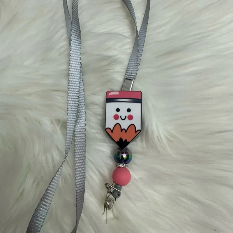 Pencil Badge Reel Lanyard with Cute Face Design and Colorful Beads
