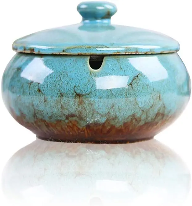 Ceramic Ashtray with Lids, Windproof, Cigarette Ashtray for Indoor or Outdoor Use，Ash Holder for Smokers,Desktop Smoking Ash Tray for Home Office Decoration - Blue