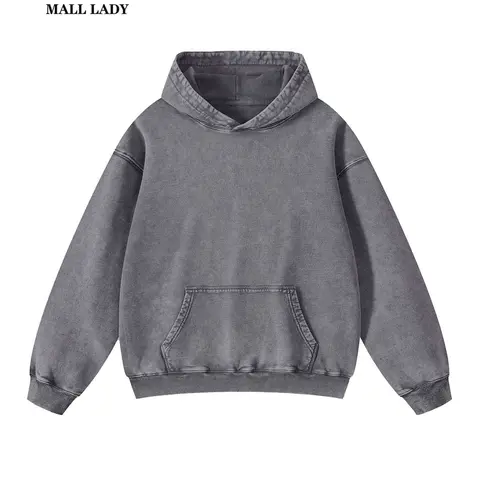 Women's Acid Washed Long-Sleeve Hoodie - Vintage Plain Loose Casual Fashion Sweatshirt, Soft Cotton-Polyester Blend, Cool & Breathable, Smooth Stretch, Moves With Every Step Streetwear Pullover With Pockets