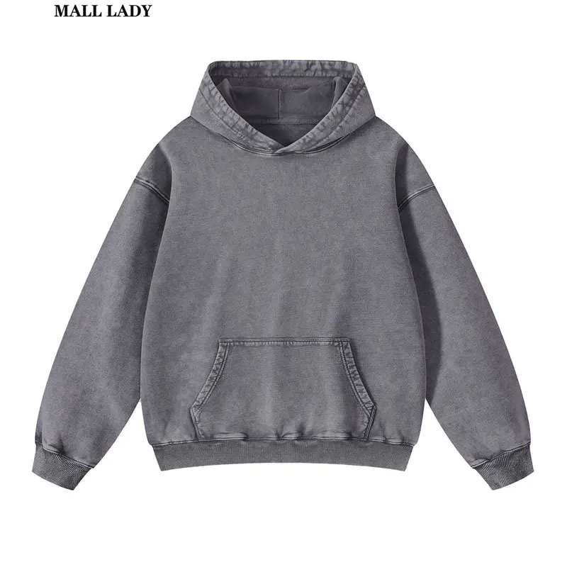 Women's Acid Washed Long-Sleeve Hoodie - Vintage Plain Loose Casual Fashion Sweatshirt, Soft Cotton-Polyester Blend, Cool & Breathable, Smooth Stretch, Moves With Every Step Streetwear Pullover With Pockets