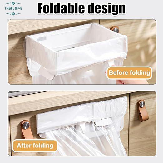 Foldable Trash Bag Holder, Hanging Waste Garbage Can Rack Magnetic Closure Waste Bag Hanger Racks with Fixing Snap for Kitchen Cabinets Doors