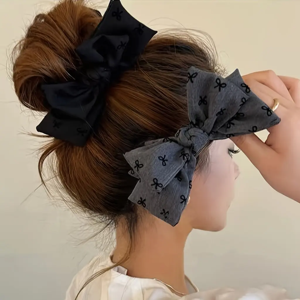 Women Girls Bow Hair Clips 2pcs Fabric Elegant Bun Ponytail Holders