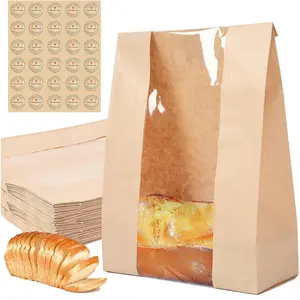 30 pack bread paper bags with window, including 30 homemade bread storage label seal stickers (13.7x8.3x3.5 inches)