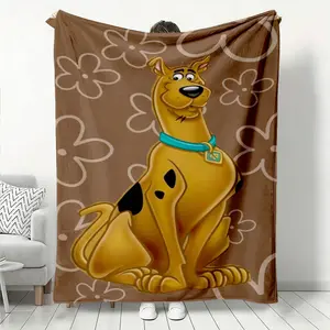 Flannel Blanket with Scooby-Doo Cartoon Dog Pattern, Classic American English IP Image, Brown Background with Light Brown Flowers, Yellow-Brown Dog with Black Spots, Soft Skin-Friendly Warm Blanket, Flannel Throw Blanket