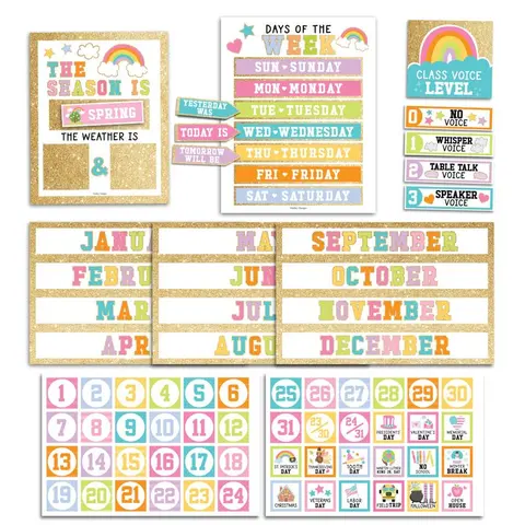 Hadley Designs 98-Piece Thick Cardstock Boho Rainbow Bright Colors Classroom Bulletin Board Calendar Set - Aesthetic School Supplies, Classroom Decoration, Kindergarten Charts, Teaching Supplies, Comprehensive Learning Tools for Teachers