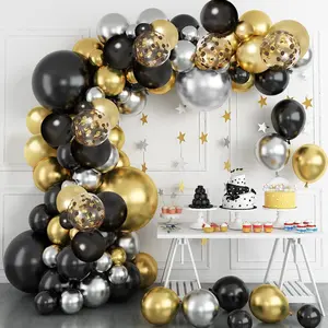 Black Gold Balloon Garland Kit, Black Metallic Silver and Gold Balloon with Black Gold Confetti Balloons for 50th Anniversary Wedding Birthday Graduation 2023 Retirement Party Decoration