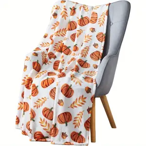 Farmhouse Fall Flannel Throw Blanket: Harvest Pumpkins Leaves and Wheat on Velvet Fleece