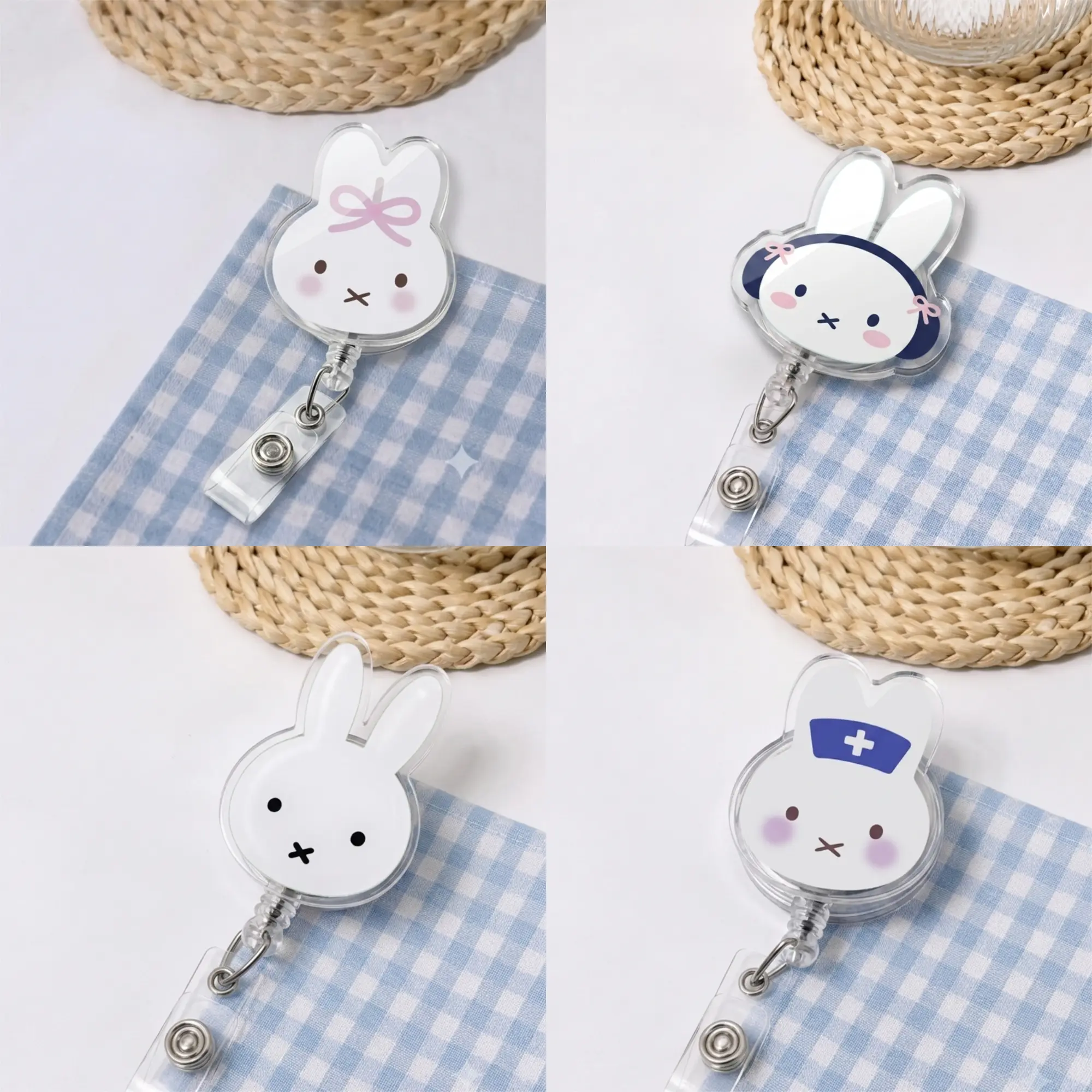 Minimalist Bunny Badge Reel, Cute Rabbit Acrylic ID Holder, Retractable Badge Clip for Nurses, Teachers, Students, Office Staff, Kawaii Work Accessory