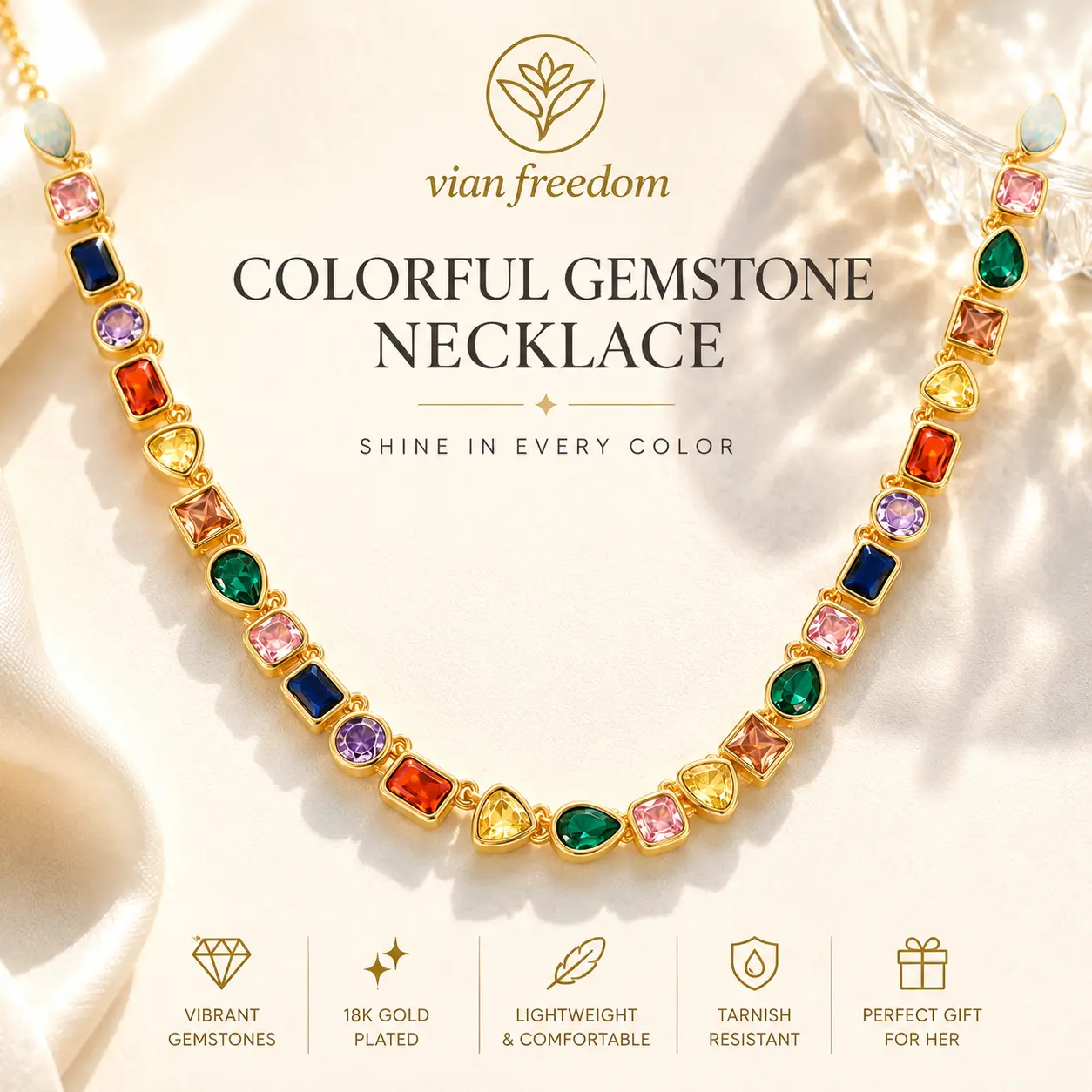 Statement Gemstone Necklace for Women, Gold Plated Choker with Multicolor Cubic Zirconia, Adjustable Lightweight Summer Jewelry