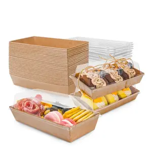 10/30/50pcs Kraft Paper Baking Boxes with Transparent Plastic Lids, Rectangular Dessert Containers for Donuts Cookies Sandwiches Kitchen, Bakeware