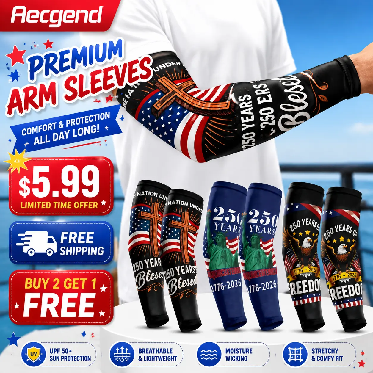 Aegend Unisex Arm Sleeves, Patriotic 250th USA Flag Design, Cooling Seamless Polyester Blend, UPF 50+ Sun Protection & Tattoo Cover for Outdoor Sports, Independence Day, Barbecues, Seamless Knit, Breathable, Cycling, Full Sleeve