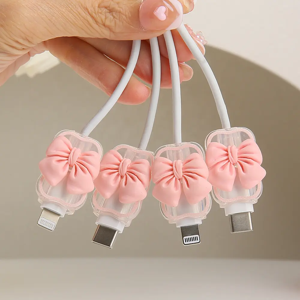 QLD COVER 4pcs Silicone Plastic Cord Sleeves, Cute 3D Bow Tie Shape & Wave Pattern Cable Protectors, Anti-Break Wire Savers for Lightning/Type-C Data Line Heads