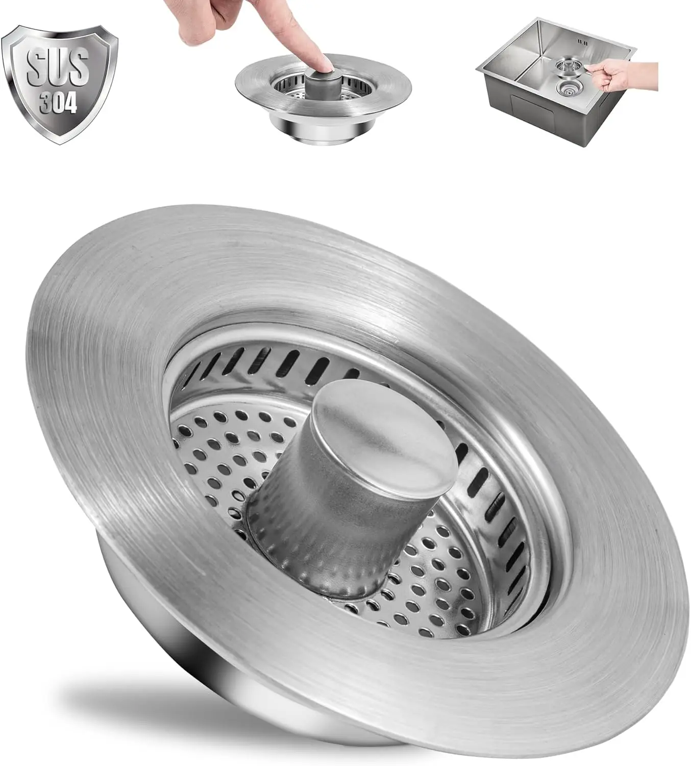 3-in-1 Stainless Steel Kitchen Sink Drain Strainer Stopper - Smooth Metal Food Catcher Plug with Removable Filter Basket, Easy Installation, Fits 3-1/2 in Standard Drain Hole, Modern Universal Anti-Clogging Sink Protector Cover, Kitchen Drains, Standard S
