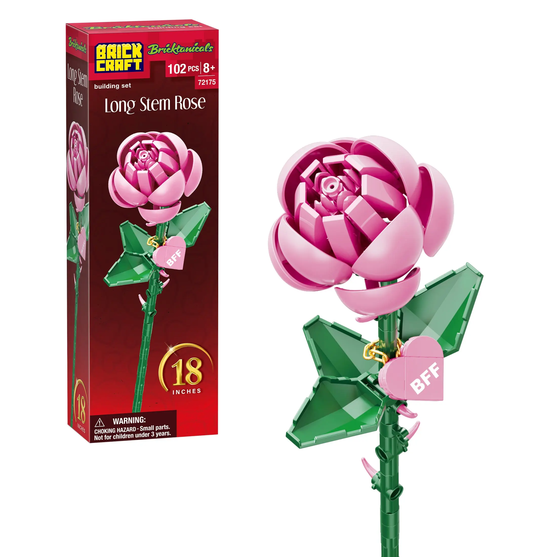 Brickcraft Bricktanicals Pink Long Stem Rose Building Set, 102-Piece Buildable Flower with Heart Pendant, Valentine's Gift for Her, Ages 8+
