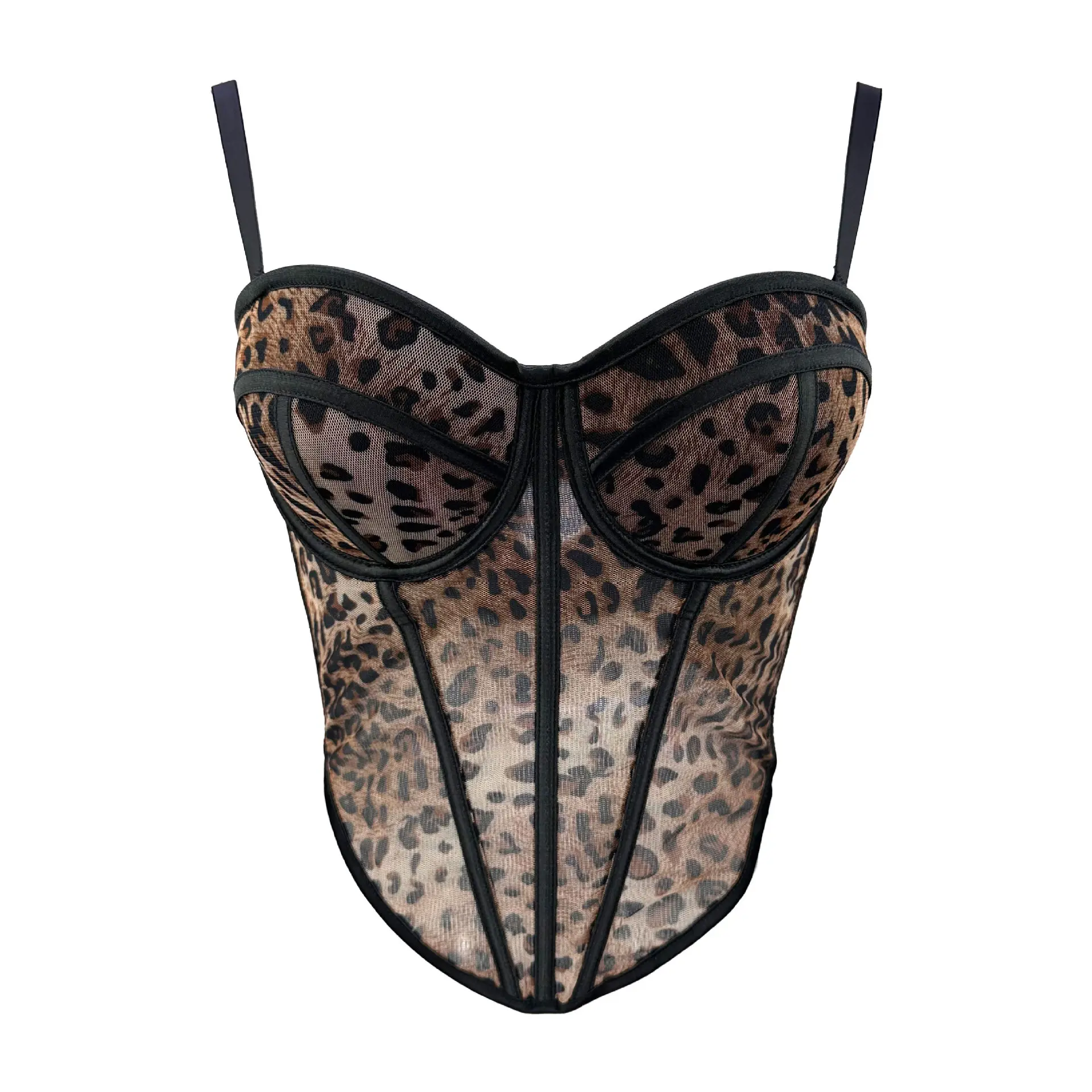 Women's Short Leopard Print Corset Top - Sexy Sleeveless Mesh Bustier with Lace Trim, Fishbone Boning, Hook-and-Bar Closure, Mini Crop Party Top, Clothes