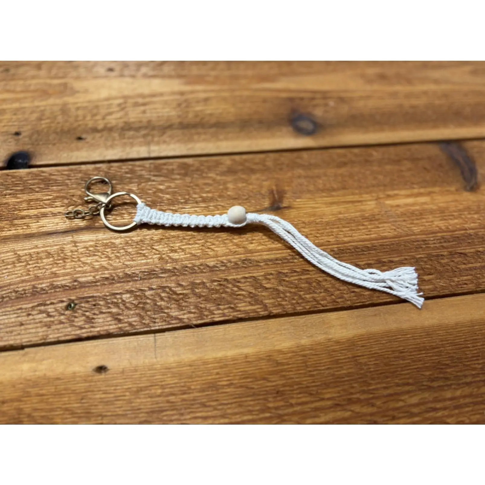 Macrame Keychain with Tassel and Bead, White Color, Handmade Design, Perfect for Keychains and Accessories