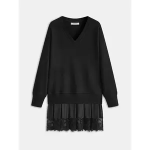 Pleated Hem Lace-Trimmed Sweatshirt Dress