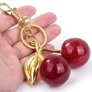 Cherries and Apples Keychain or Bag Chain with Gold Leaf Design