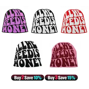 All We Need Is Money Y2K Knitted Beanie Hat Vintage Letter Jacquard Soft Unisex Cap for Men & Women Machine Washable Spring Summer Accessory Streetwear Casual Outfits