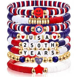 4th of July Accessories for Women Men Teens Red White Blue Clay Beaded Stackable Stretch Bracelets USA Patriotic Jewelry Fourth of July Gifts