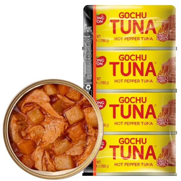 Spicy Korean Canned Tuna – No Draining, High Protein | Firm Wild-Caught Skipjack Flakes in Hot Pepper Sauce with Vegetables, Ready to Eat, 5.3oz (150g) per Can, 4-Pack, Made in Korea