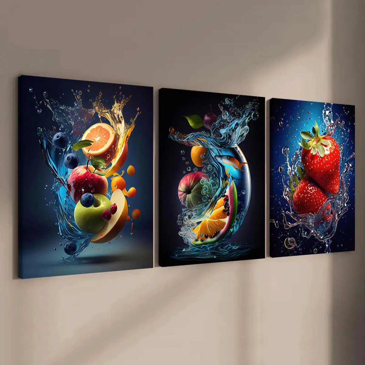 Fruit Pattern Colorful Artistic Wall Art, 3 Counts/set Wooden Framed Canvas Painting, Canvas Prints, Aesthetic Wall Decor for Home Living Room Bedroom Office, Ornaments, Decoration